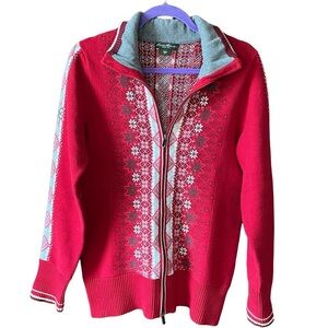 Eddie Bauer Medium Red White Fair Isle Nordic Print Zip Up Cardigan Sweater